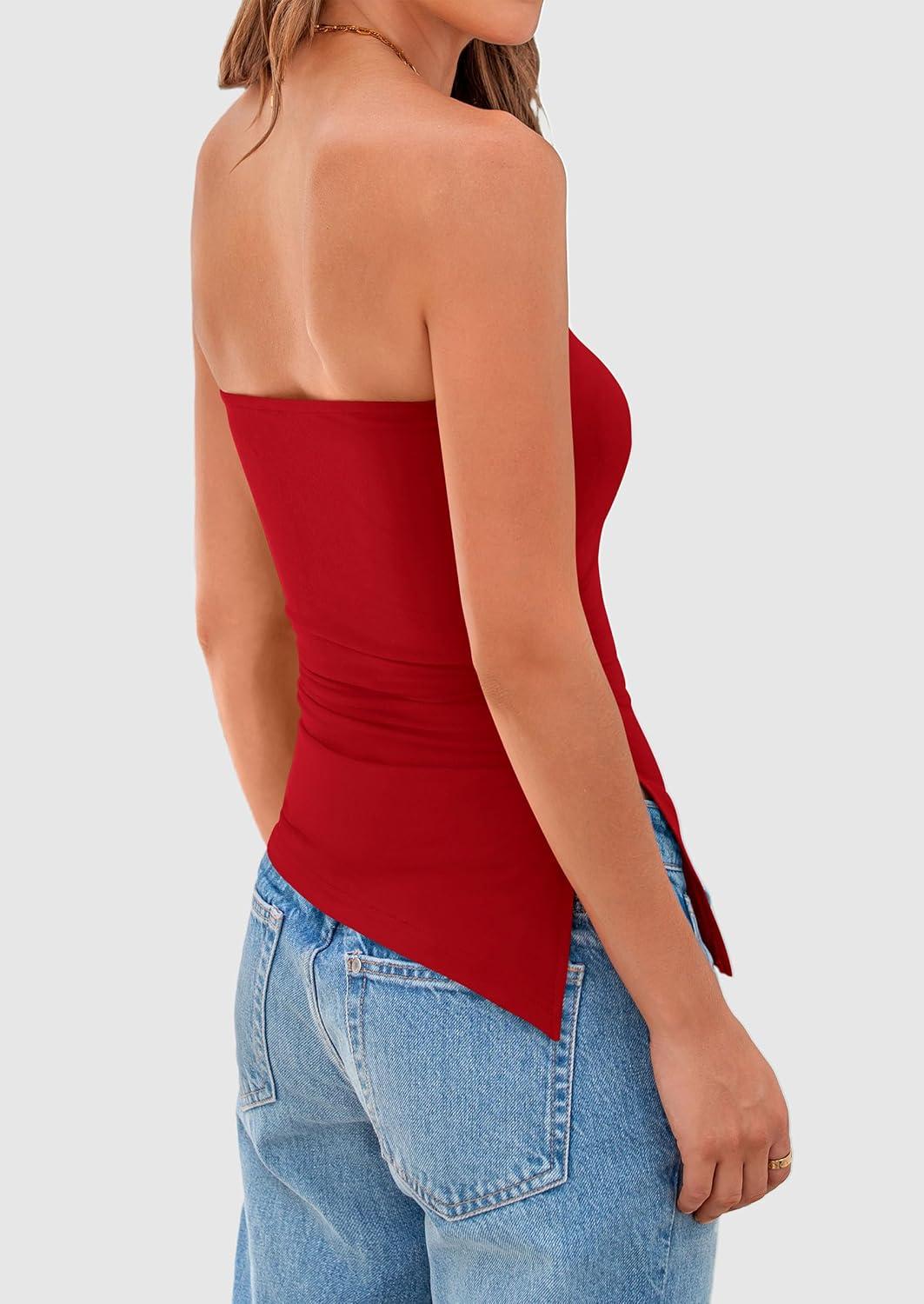 imagePRETTYGARDEN Tube Tops for Women Trendy Summer 2026 Asymmetrical Ruched Strapless Shirts Spring Fashion Going Out Y2K ClothesRed