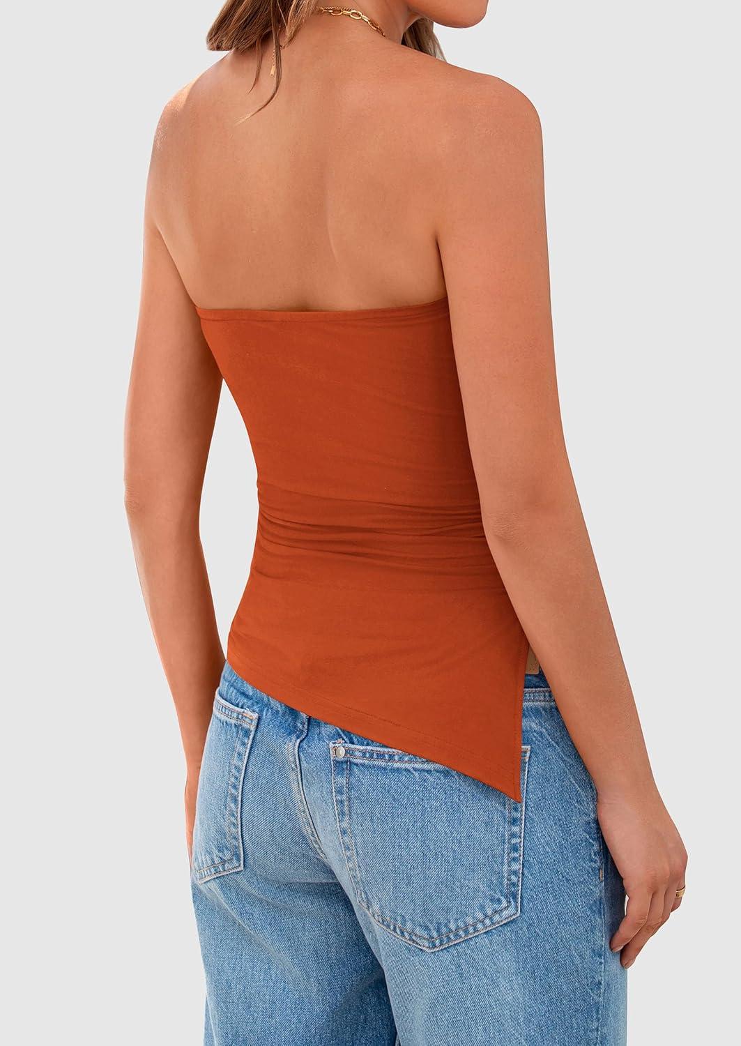 imagePRETTYGARDEN Tube Tops for Women Trendy Summer 2026 Asymmetrical Ruched Strapless Shirts Spring Fashion Going Out Y2K ClothesRust Red
