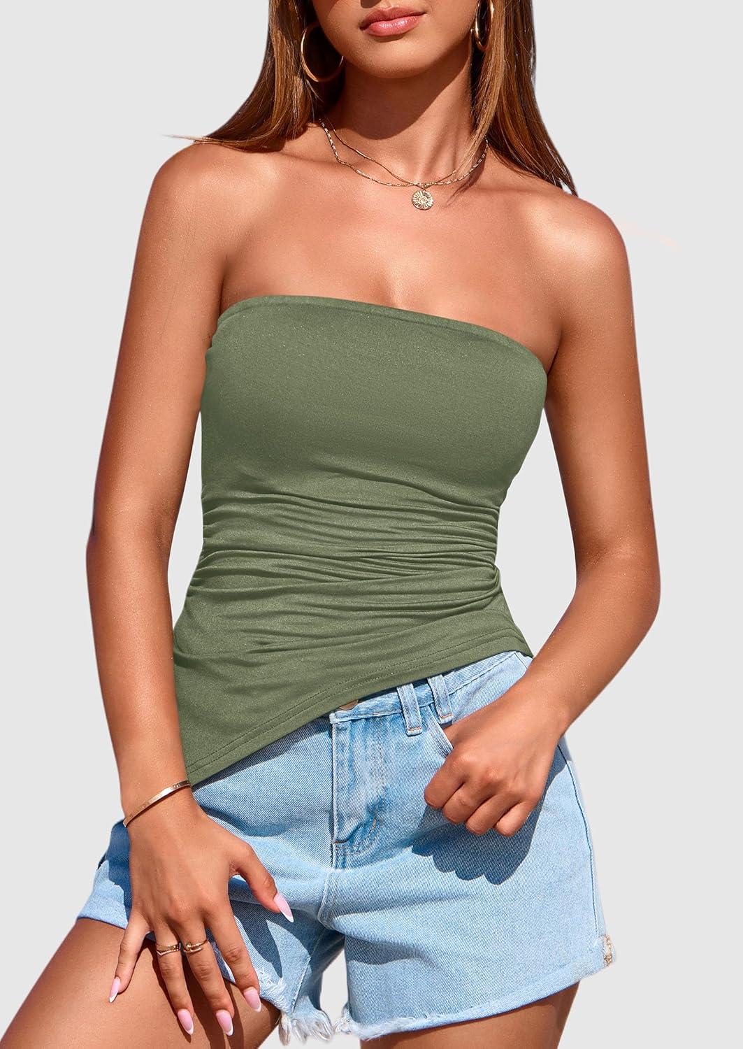 imagePRETTYGARDEN Tube Tops for Women Trendy Summer 2026 Asymmetrical Ruched Strapless Shirts Spring Fashion Going Out Y2K ClothesSage Green