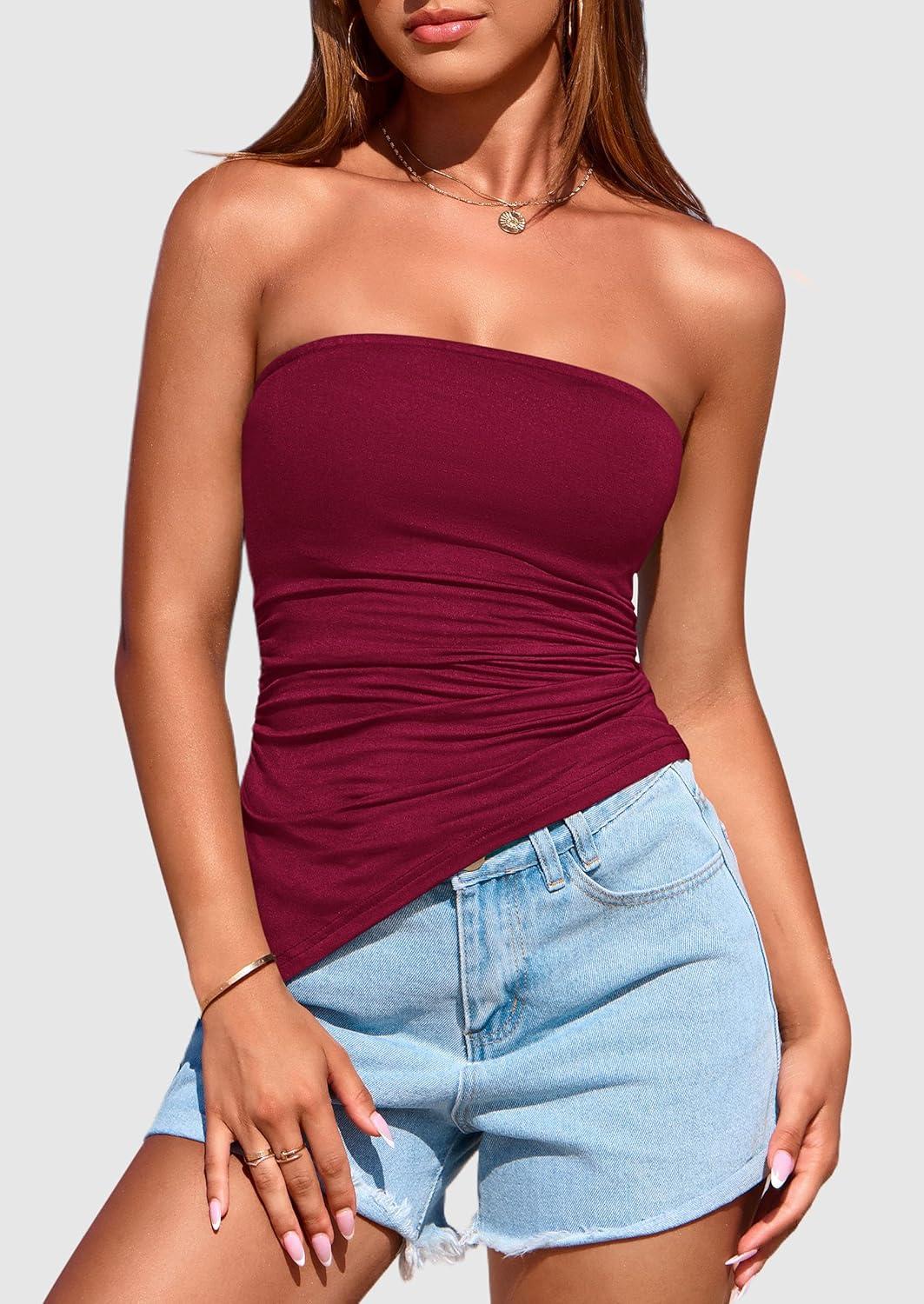 imagePRETTYGARDEN Tube Tops for Women Trendy Summer 2026 Asymmetrical Ruched Strapless Shirts Spring Fashion Going Out Y2K ClothesWine Red