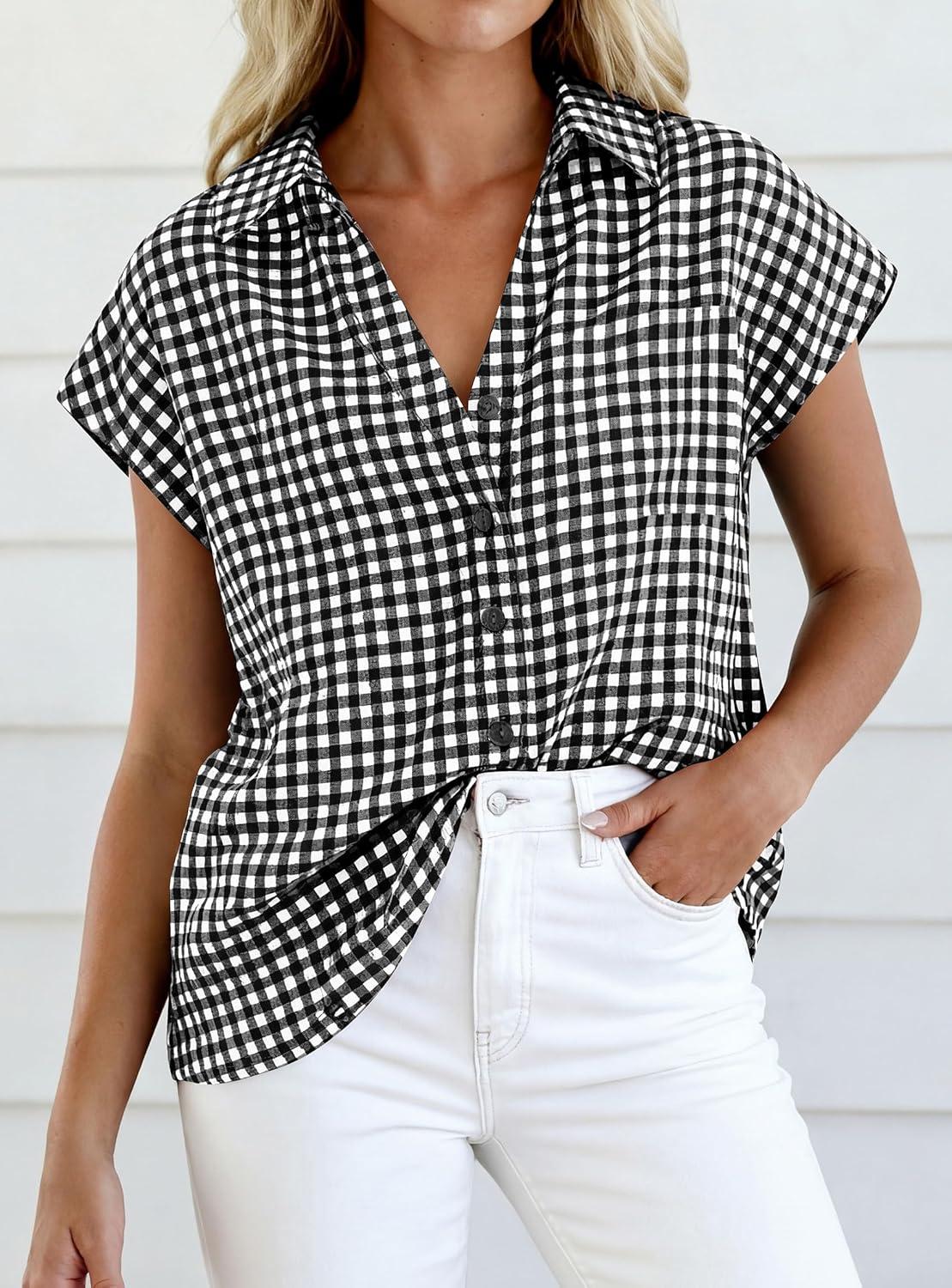imagePRETTYGARDEN Womens Button Down Shirts V Neck Short Cap Sleeve Collared Plaid Tops 2026 Summer Spring Casual Blouses ClothesBlack