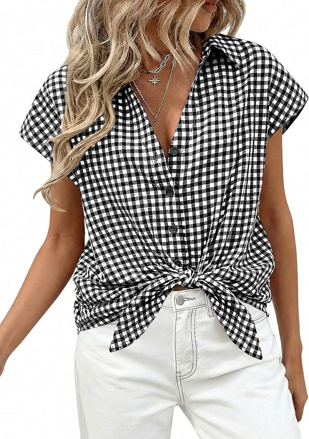 imagePRETTYGARDEN Womens Button Down Shirts V Neck Short Cap Sleeve Collared Plaid Tops 2026 Summer Spring Casual Blouses ClothesBlack