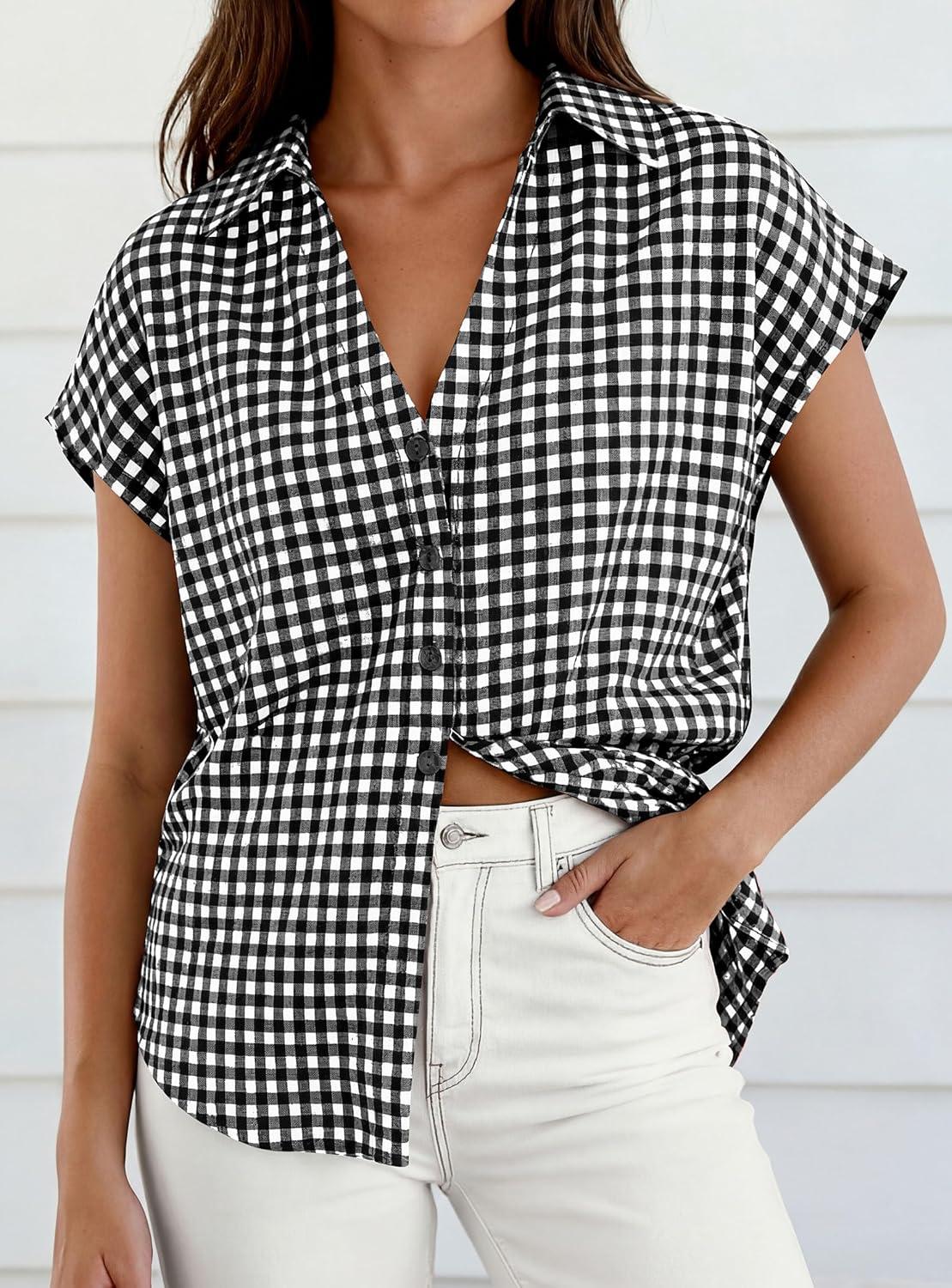imagePRETTYGARDEN Womens Button Down Shirts V Neck Short Cap Sleeve Collared Plaid Tops 2026 Summer Spring Casual Blouses ClothesBlack