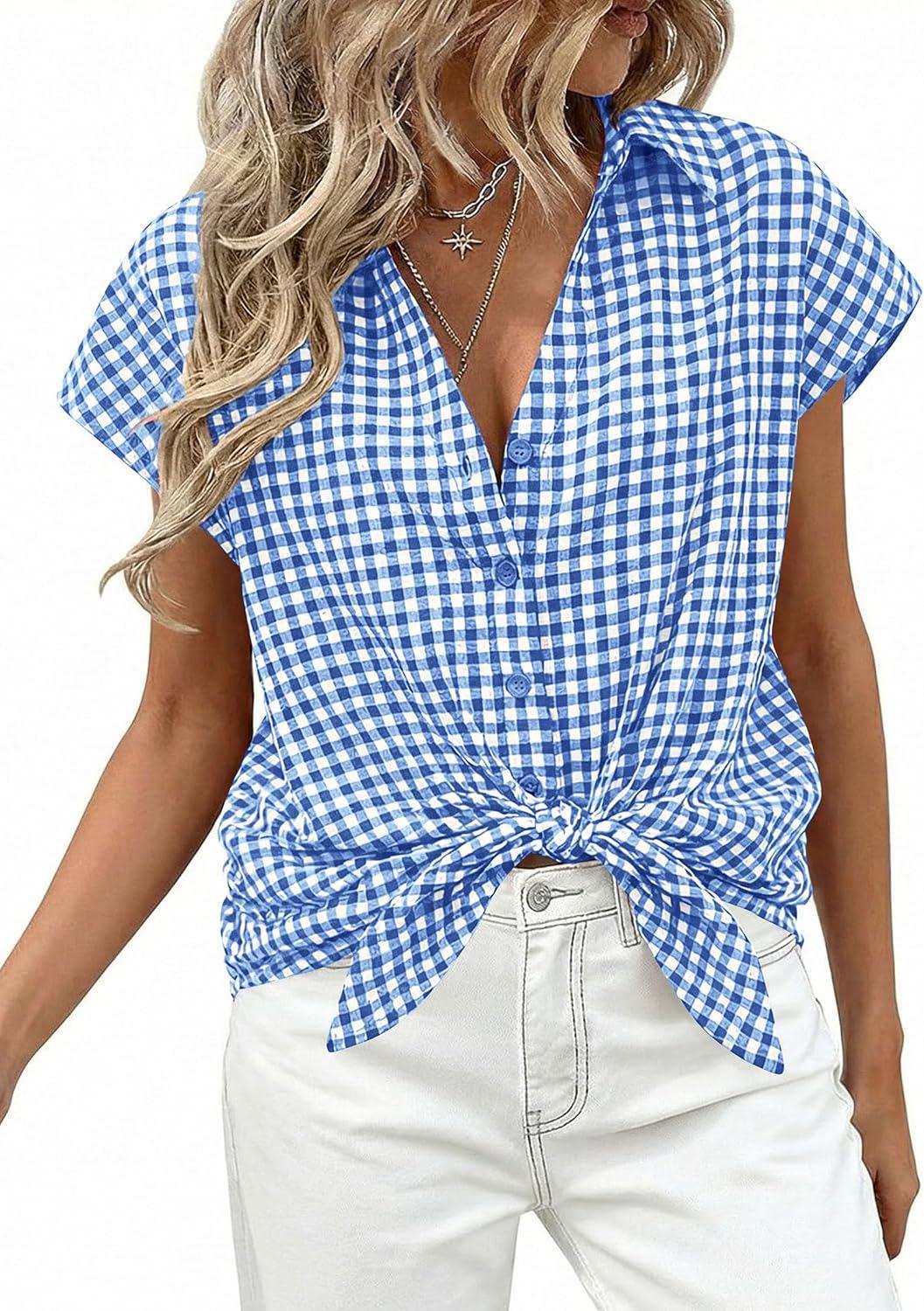 imagePRETTYGARDEN Womens Button Down Shirts V Neck Short Cap Sleeve Collared Plaid Tops 2026 Summer Spring Casual Blouses ClothesBlue