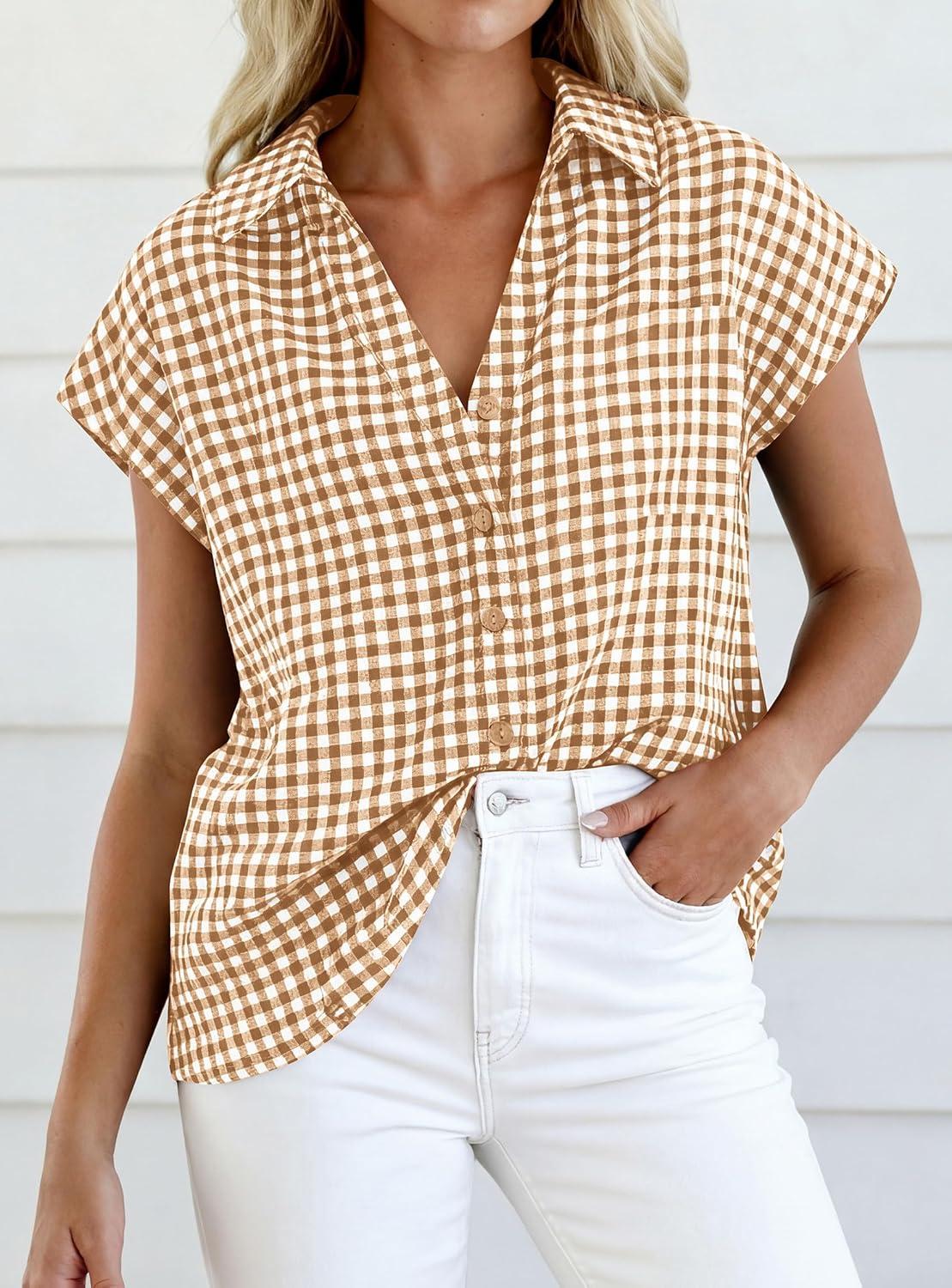 imagePRETTYGARDEN Womens Button Down Shirts V Neck Short Cap Sleeve Collared Plaid Tops 2026 Summer Spring Casual Blouses ClothesBrown
