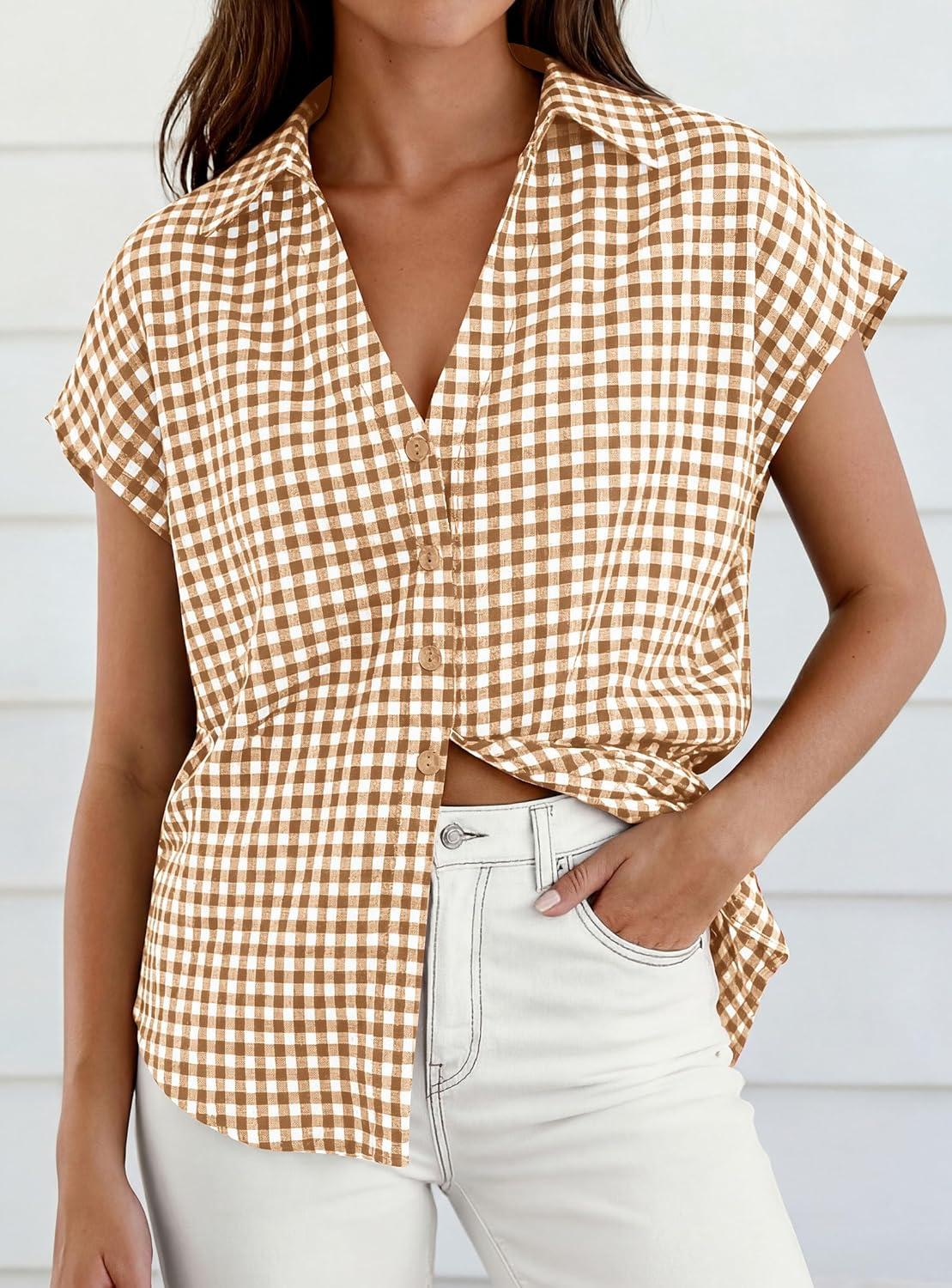 imagePRETTYGARDEN Womens Button Down Shirts V Neck Short Cap Sleeve Collared Plaid Tops 2026 Summer Spring Casual Blouses ClothesBrown