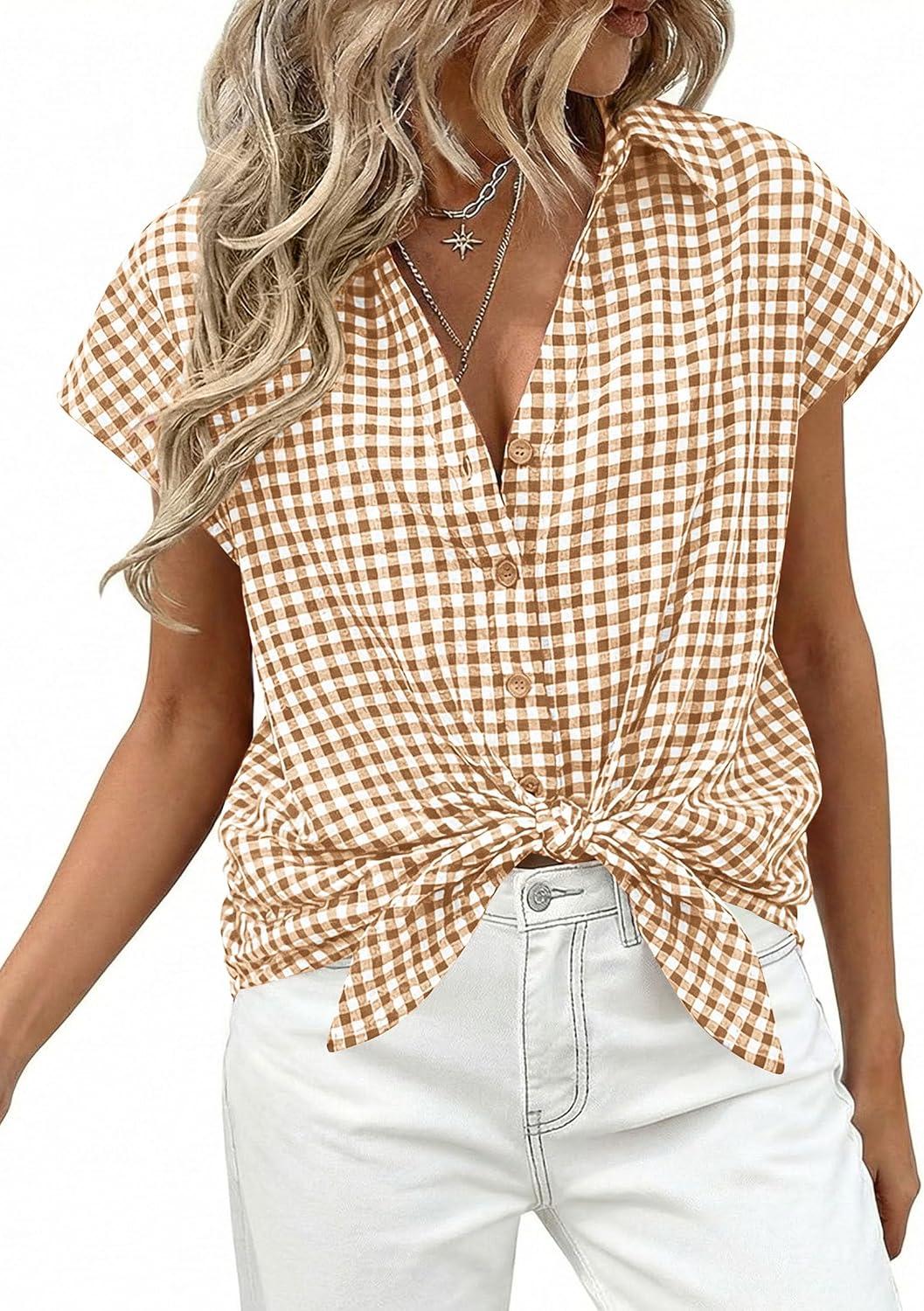imagePRETTYGARDEN Womens Button Down Shirts V Neck Short Cap Sleeve Collared Plaid Tops 2026 Summer Spring Casual Blouses ClothesBrown