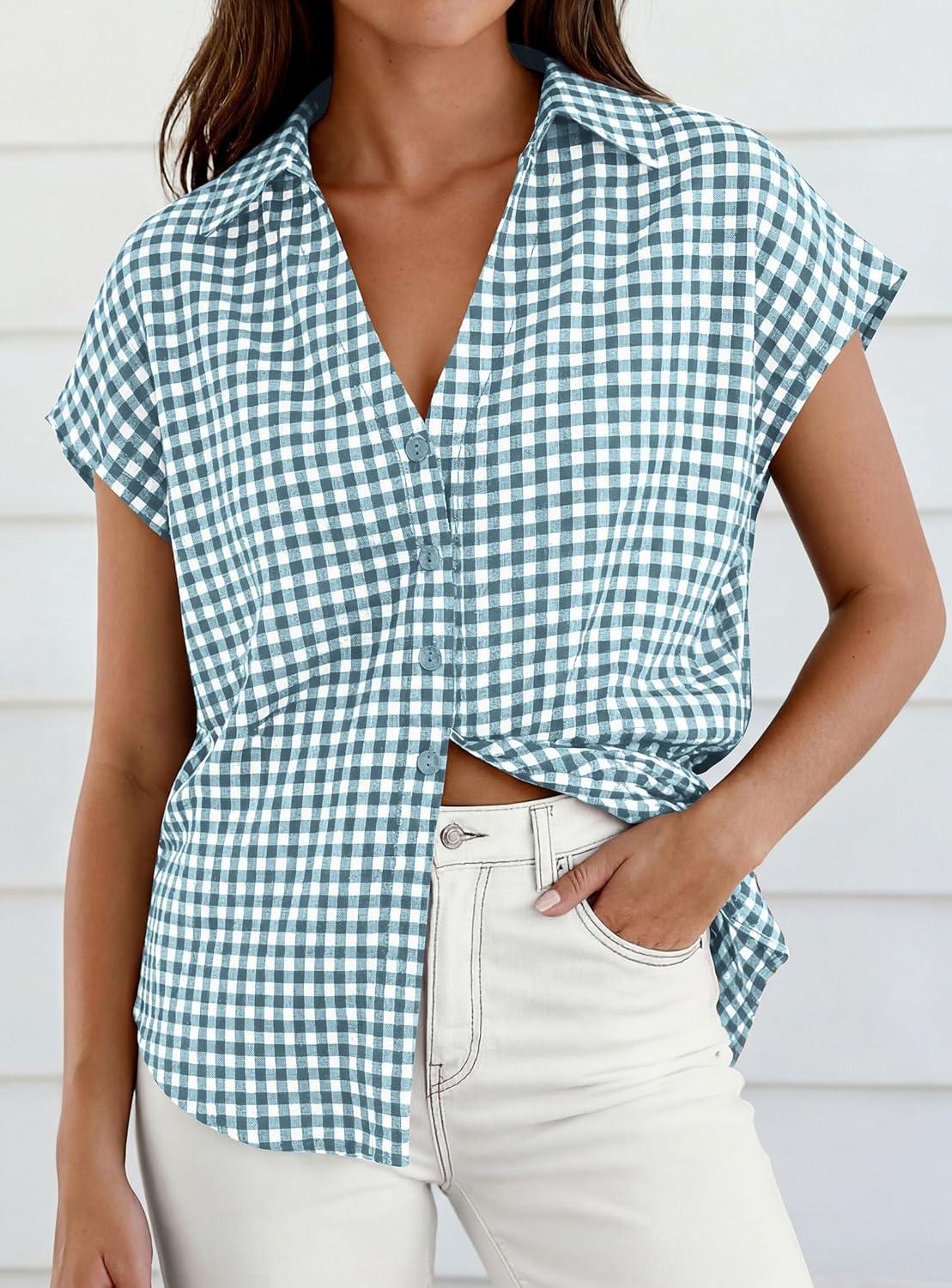 imagePRETTYGARDEN Womens Button Down Shirts V Neck Short Cap Sleeve Collared Plaid Tops 2026 Summer Spring Casual Blouses ClothesGrey Blue