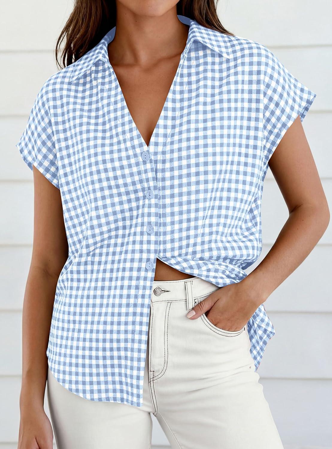 imagePRETTYGARDEN Womens Button Down Shirts V Neck Short Cap Sleeve Collared Plaid Tops 2026 Summer Spring Casual Blouses ClothesLight Blue