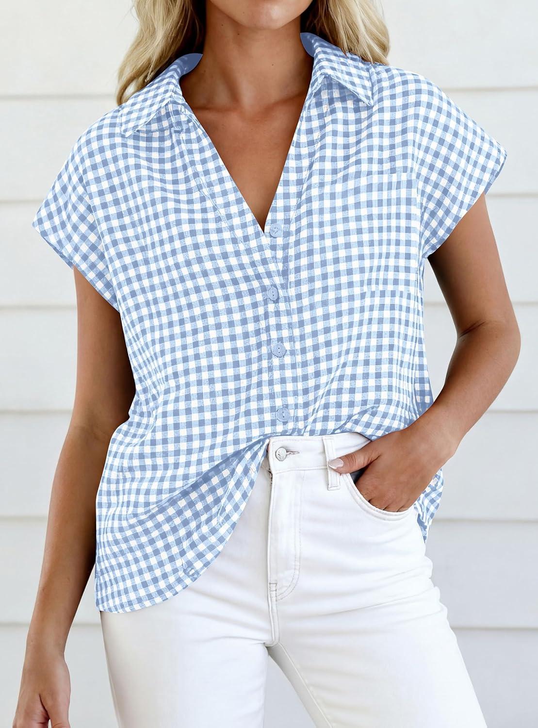 imagePRETTYGARDEN Womens Button Down Shirts V Neck Short Cap Sleeve Collared Plaid Tops 2026 Summer Spring Casual Blouses ClothesLight Blue