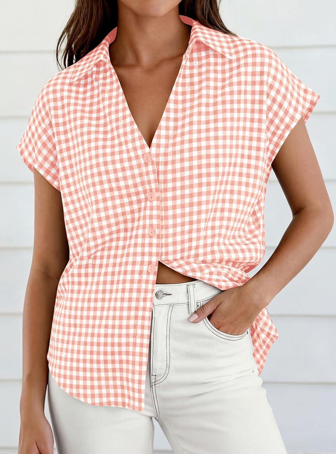 imagePRETTYGARDEN Womens Button Down Shirts V Neck Short Cap Sleeve Collared Plaid Tops 2026 Summer Spring Casual Blouses ClothesLight Pink