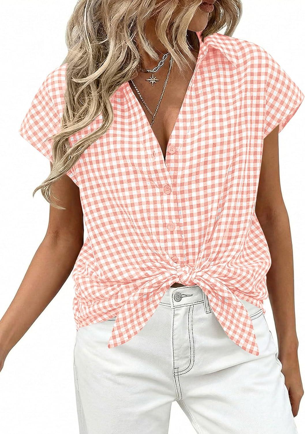 imagePRETTYGARDEN Womens Button Down Shirts V Neck Short Cap Sleeve Collared Plaid Tops 2026 Summer Spring Casual Blouses ClothesLight Pink
