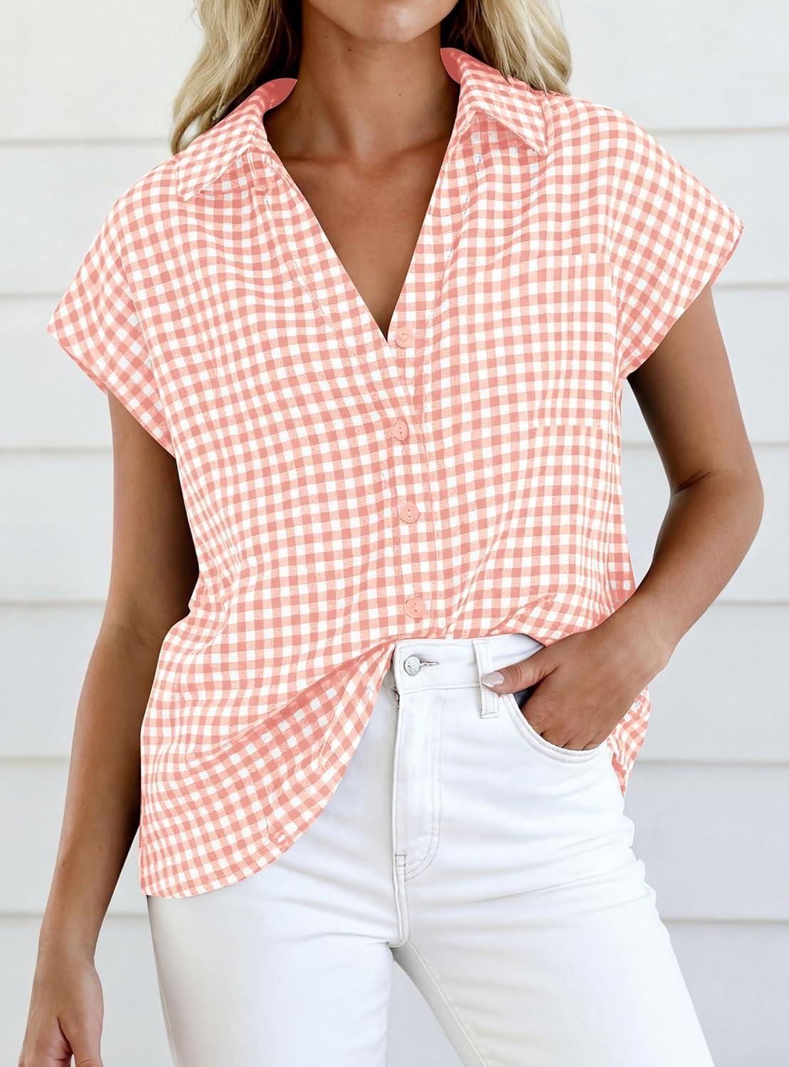 imagePRETTYGARDEN Womens Button Down Shirts V Neck Short Cap Sleeve Collared Plaid Tops 2026 Summer Spring Casual Blouses ClothesLight Pink