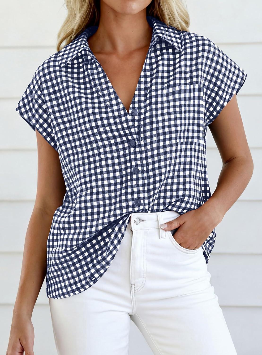 imagePRETTYGARDEN Womens Button Down Shirts V Neck Short Cap Sleeve Collared Plaid Tops 2026 Summer Spring Casual Blouses ClothesNavy