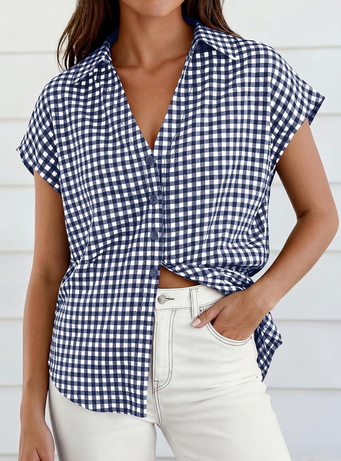imagePRETTYGARDEN Womens Button Down Shirts V Neck Short Cap Sleeve Collared Plaid Tops 2026 Summer Spring Casual Blouses ClothesNavy