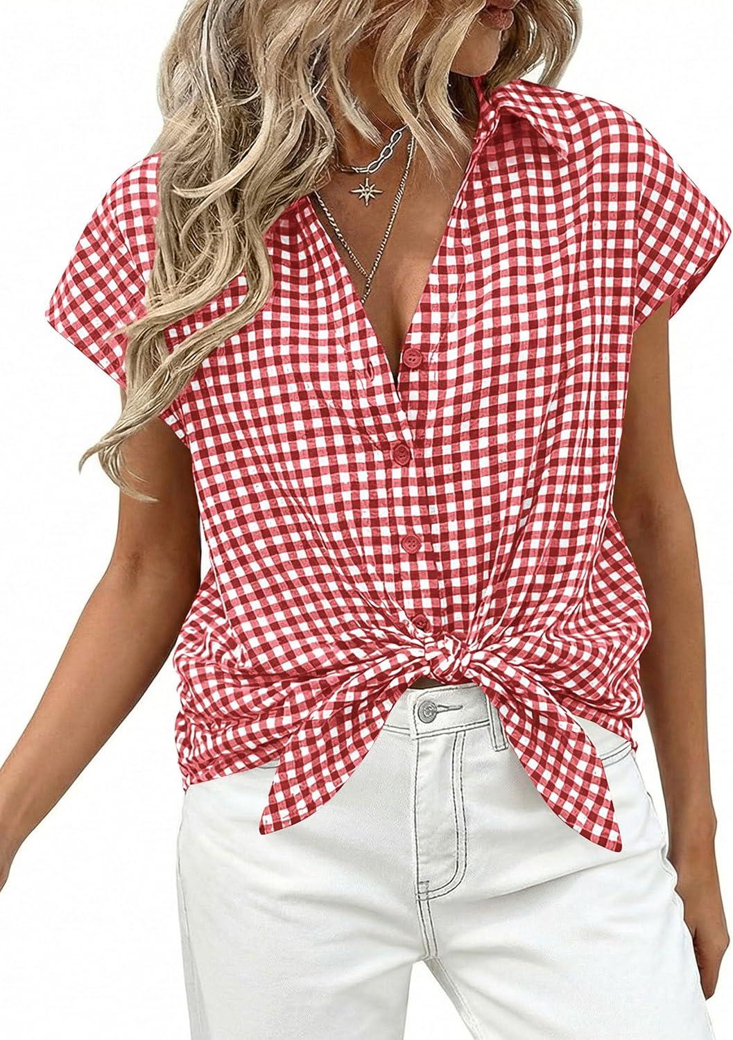 imagePRETTYGARDEN Womens Button Down Shirts V Neck Short Cap Sleeve Collared Plaid Tops 2026 Summer Spring Casual Blouses ClothesWine Red