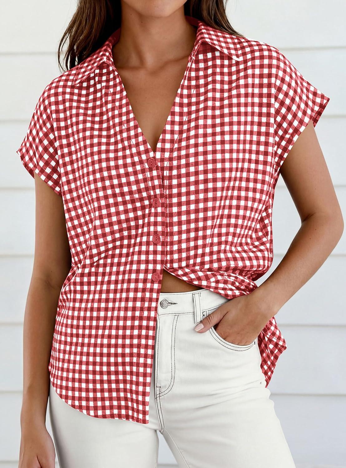 imagePRETTYGARDEN Womens Button Down Shirts V Neck Short Cap Sleeve Collared Plaid Tops 2026 Summer Spring Casual Blouses ClothesWine Red