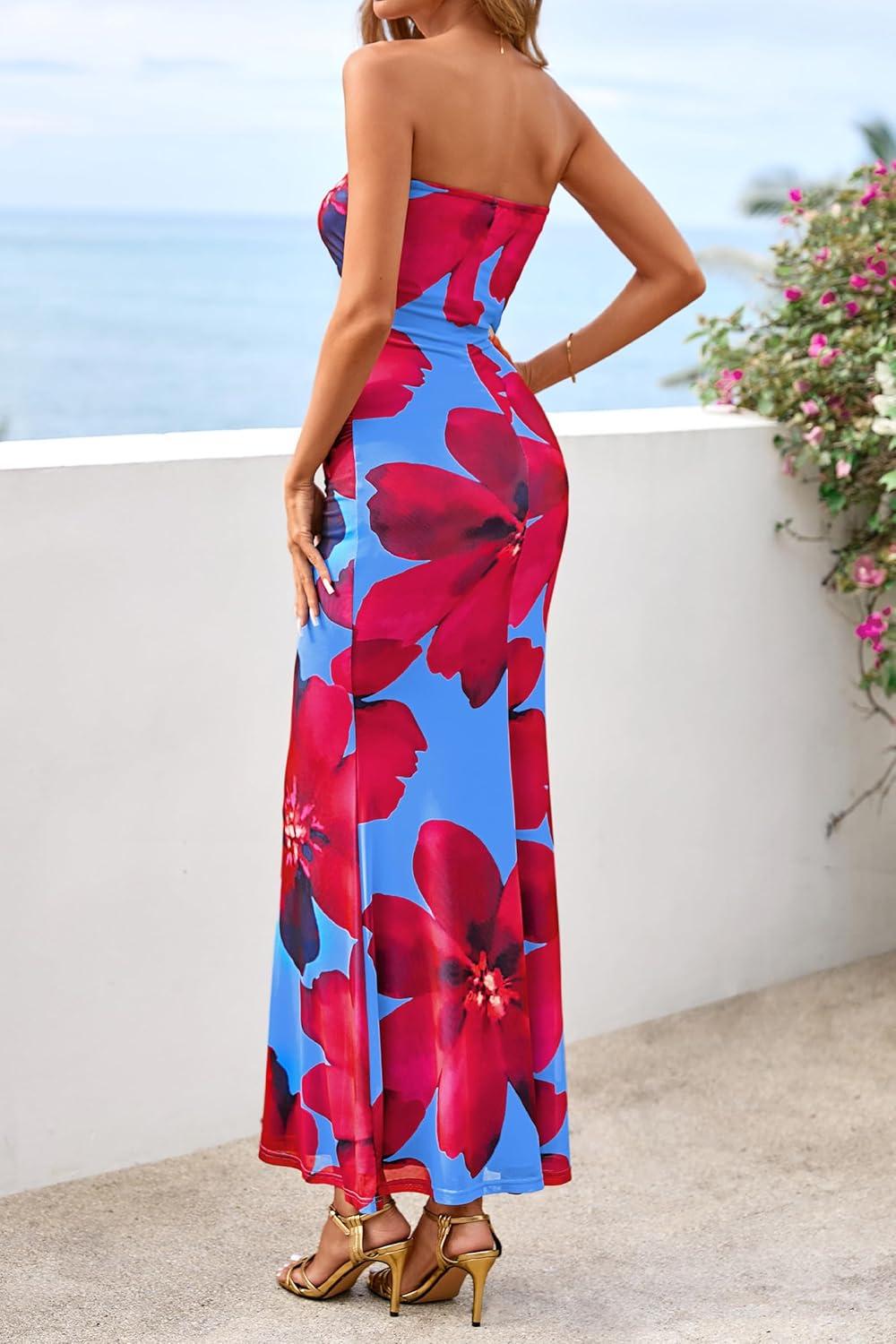 imagePRETTYGARDEN Womens Spring Dresses 2026 Sexy Strapless Tube Bodycon Mesh Ruched Floral Maxi Dress Wedding Club OutfitsBlue Red Flower