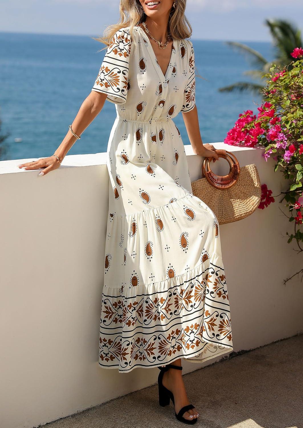 imagePRETTYGARDEN Womens Summer Boho Maxi Dress 2026 Trendy Short Sleeve V Neck Flowy Beach Floral Dresses with PocketsApricot