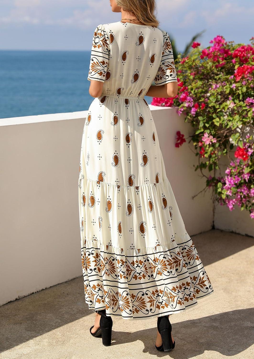 imagePRETTYGARDEN Womens Summer Boho Maxi Dress 2026 Trendy Short Sleeve V Neck Flowy Beach Floral Dresses with PocketsApricot