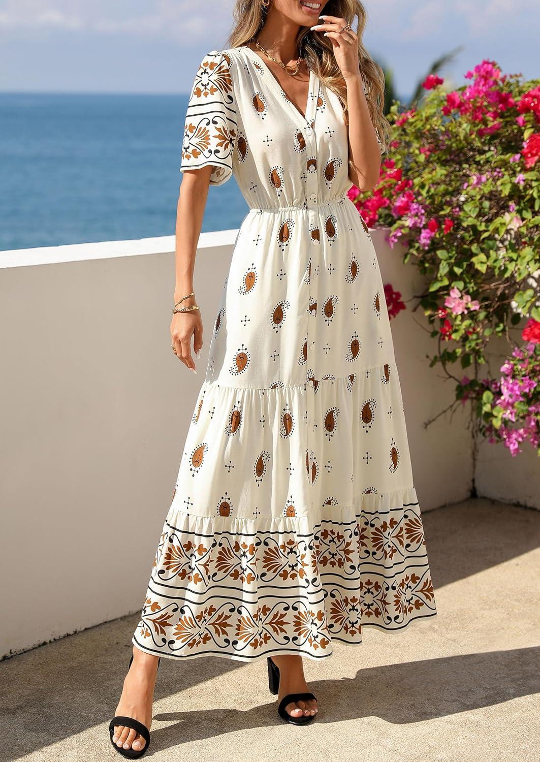 imagePRETTYGARDEN Womens Summer Boho Maxi Dress 2026 Trendy Short Sleeve V Neck Flowy Beach Floral Dresses with PocketsApricot