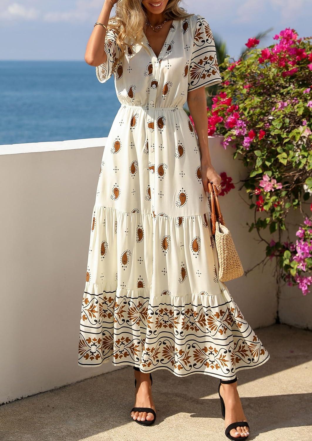 imagePRETTYGARDEN Womens Summer Boho Maxi Dress 2026 Trendy Short Sleeve V Neck Flowy Beach Floral Dresses with PocketsApricot