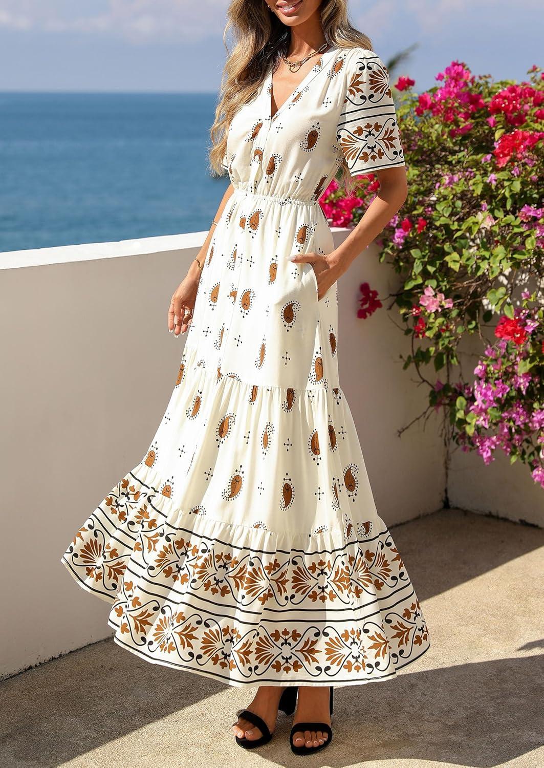 imagePRETTYGARDEN Womens Summer Boho Maxi Dress 2026 Trendy Short Sleeve V Neck Flowy Beach Floral Dresses with PocketsApricot