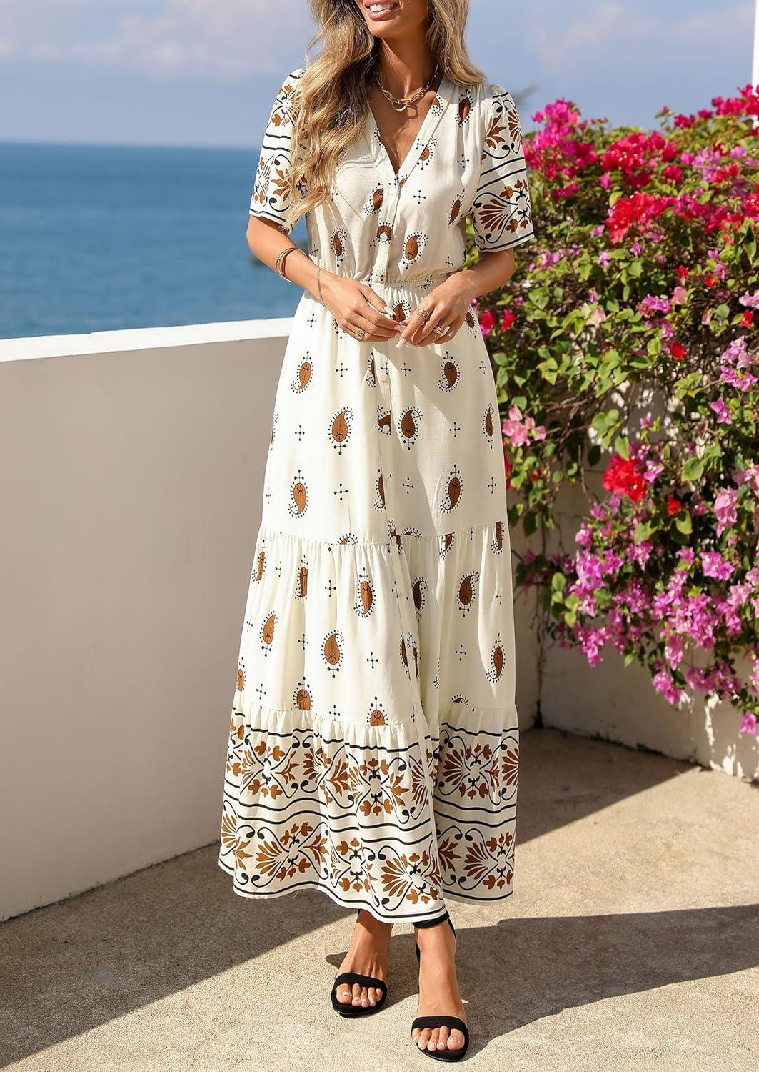 imagePRETTYGARDEN Womens Summer Boho Maxi Dress 2026 Trendy Short Sleeve V Neck Flowy Beach Floral Dresses with PocketsApricot