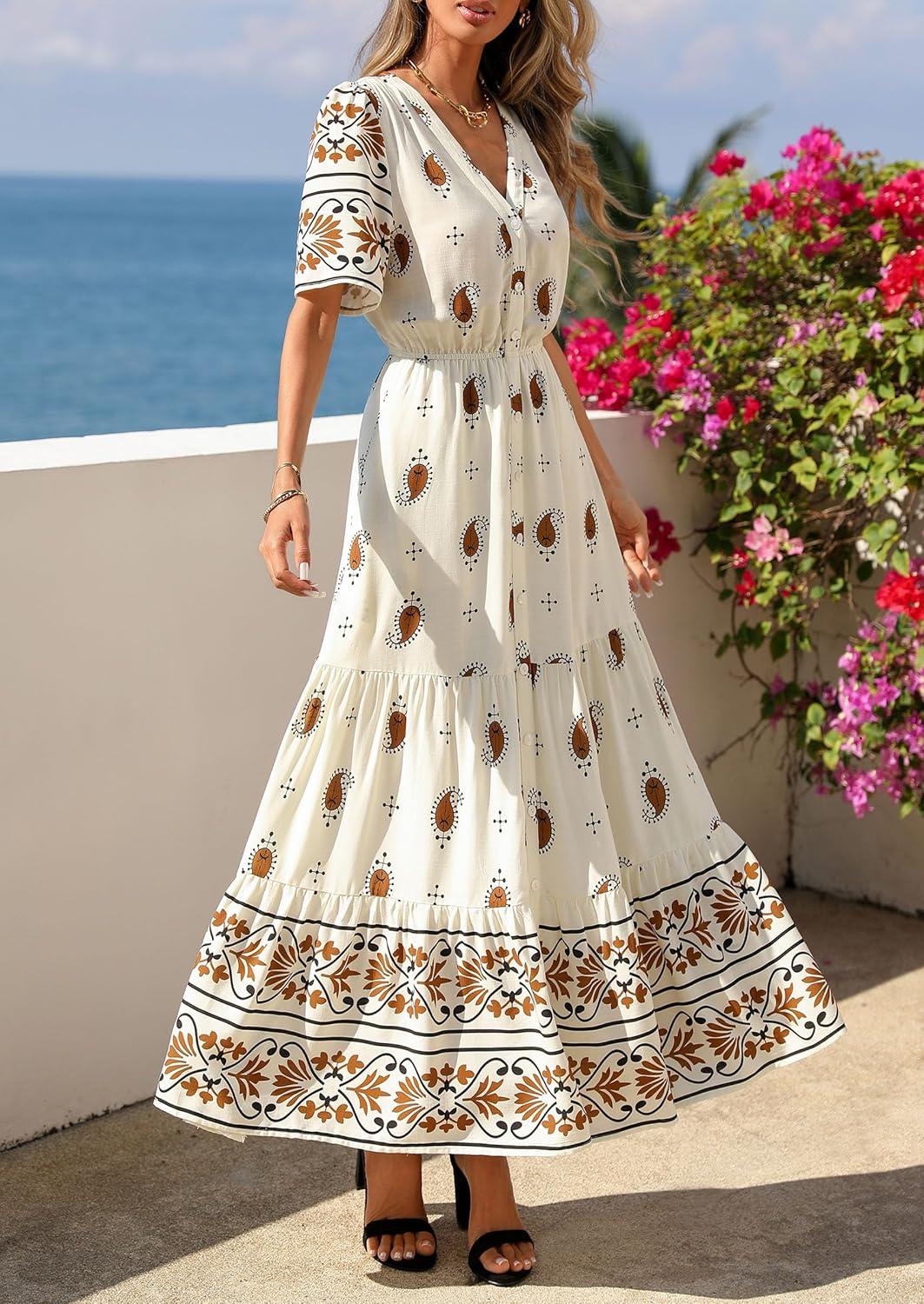 imagePRETTYGARDEN Womens Summer Boho Maxi Dress 2026 Trendy Short Sleeve V Neck Flowy Beach Floral Dresses with PocketsApricot