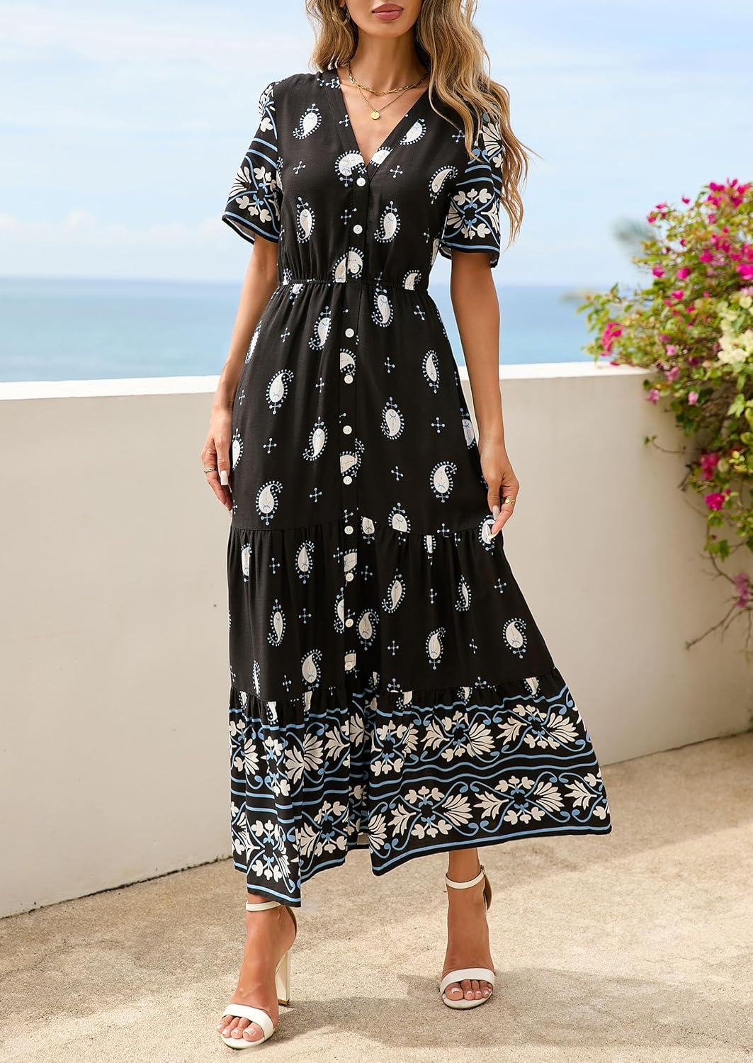 imagePRETTYGARDEN Womens Summer Boho Maxi Dress 2026 Trendy Short Sleeve V Neck Flowy Beach Floral Dresses with PocketsBlack White Flower