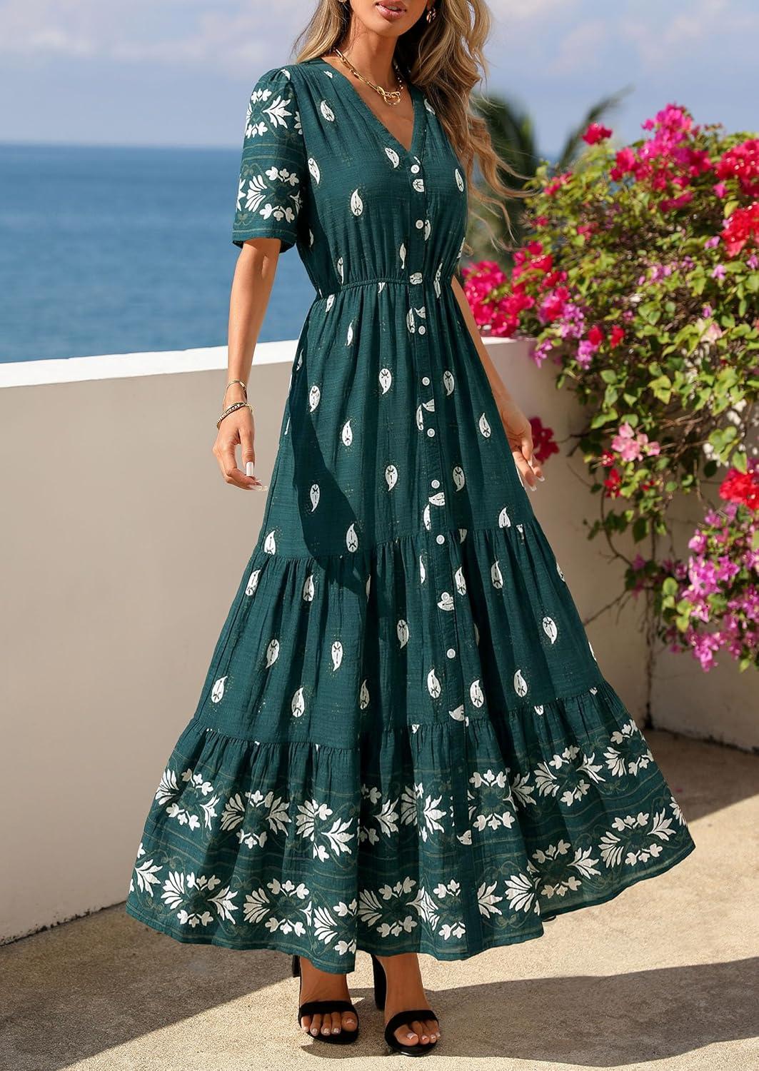 imagePRETTYGARDEN Womens Summer Boho Maxi Dress 2026 Trendy Short Sleeve V Neck Flowy Beach Floral Dresses with PocketsPeacock Blue