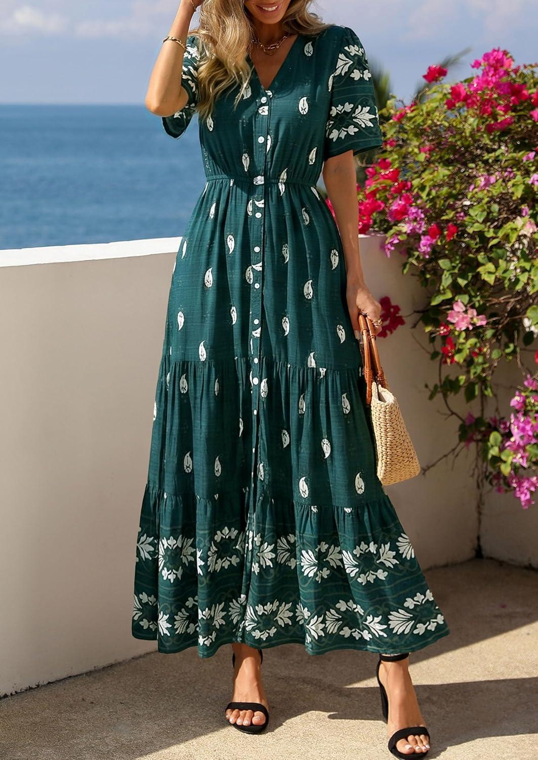 imagePRETTYGARDEN Womens Summer Boho Maxi Dress 2026 Trendy Short Sleeve V Neck Flowy Beach Floral Dresses with PocketsPeacock Blue