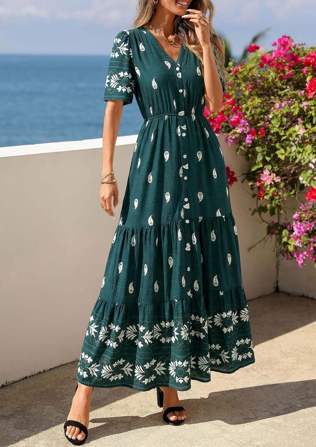 imagePRETTYGARDEN Womens Summer Boho Maxi Dress 2026 Trendy Short Sleeve V Neck Flowy Beach Floral Dresses with PocketsPeacock Blue