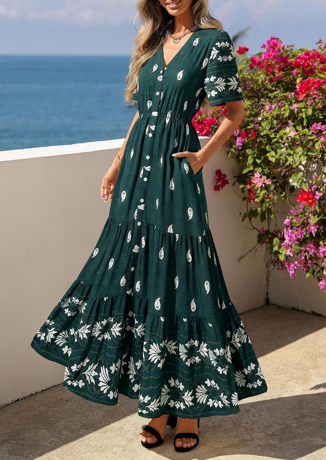 imagePRETTYGARDEN Womens Summer Boho Maxi Dress 2026 Trendy Short Sleeve V Neck Flowy Beach Floral Dresses with PocketsPeacock Blue