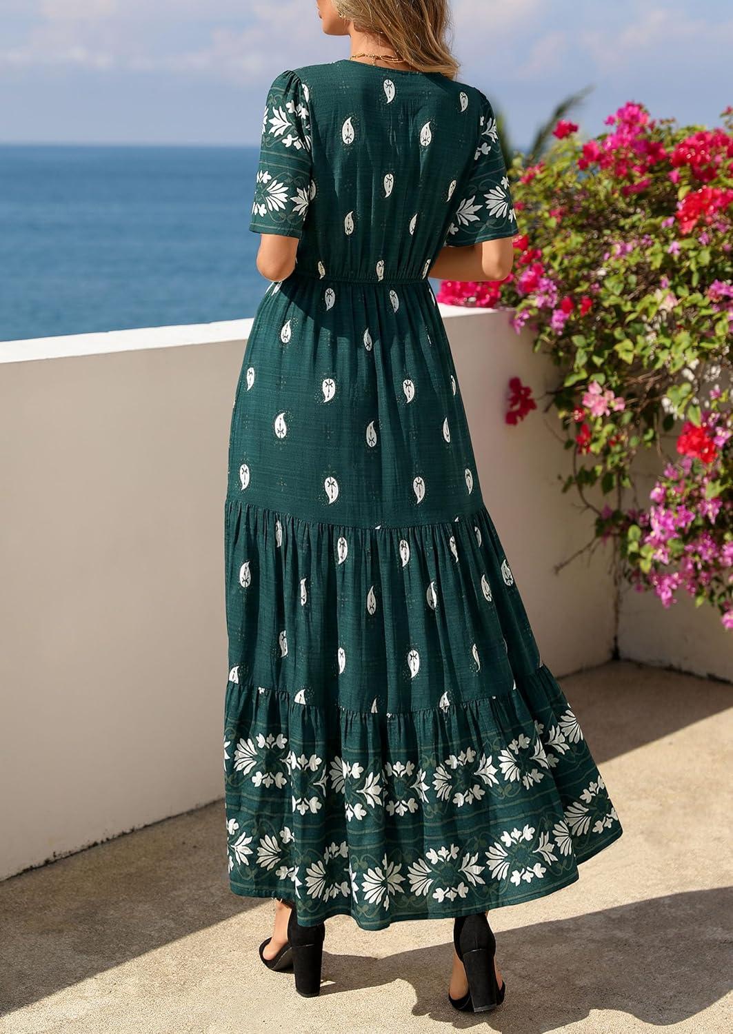 imagePRETTYGARDEN Womens Summer Boho Maxi Dress 2026 Trendy Short Sleeve V Neck Flowy Beach Floral Dresses with PocketsPeacock Blue