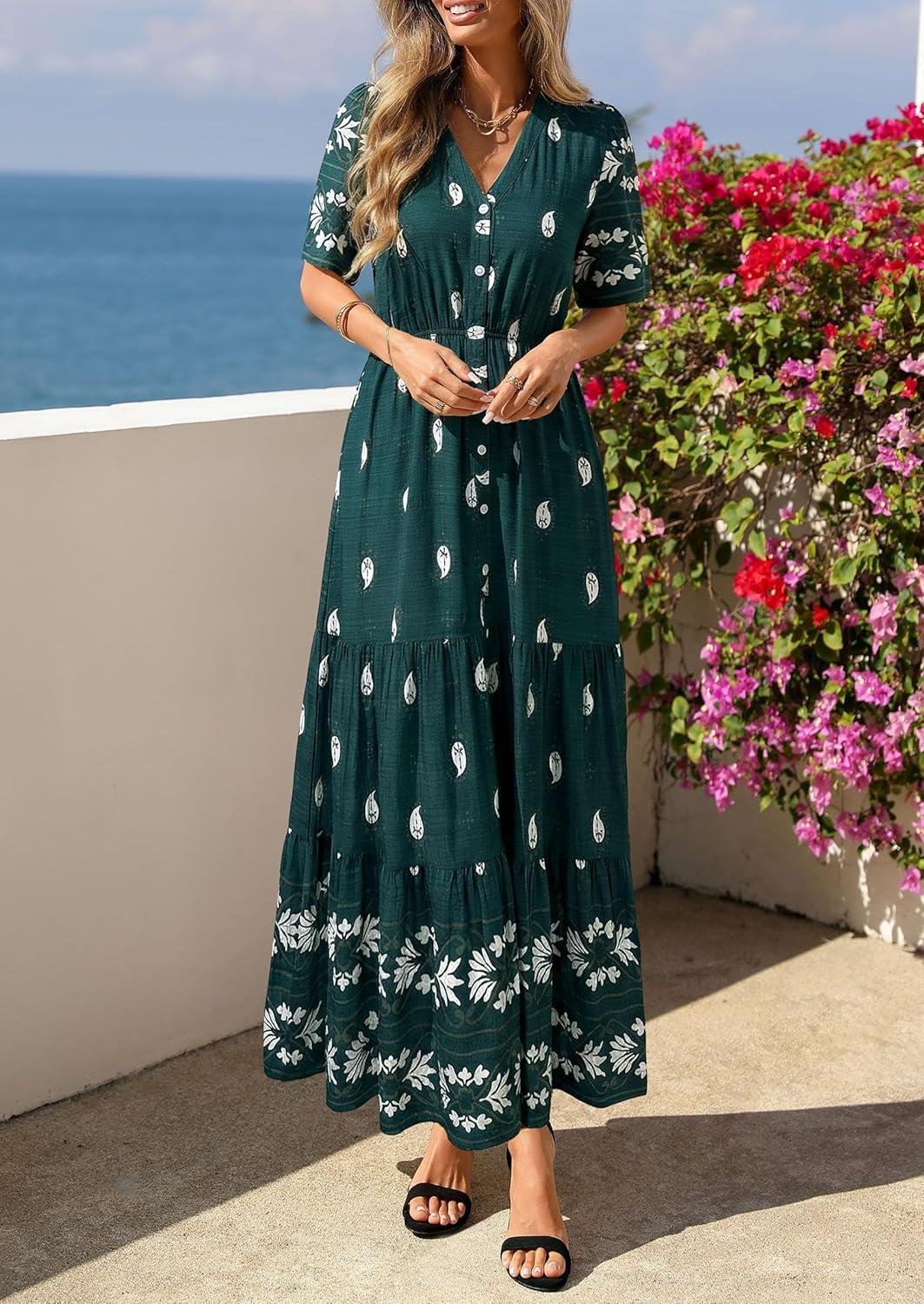 imagePRETTYGARDEN Womens Summer Boho Maxi Dress 2026 Trendy Short Sleeve V Neck Flowy Beach Floral Dresses with PocketsPeacock Blue