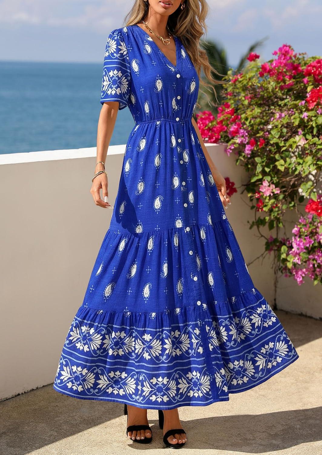 imagePRETTYGARDEN Womens Summer Boho Maxi Dress 2026 Trendy Short Sleeve V Neck Flowy Beach Floral Dresses with PocketsRoyal Blue