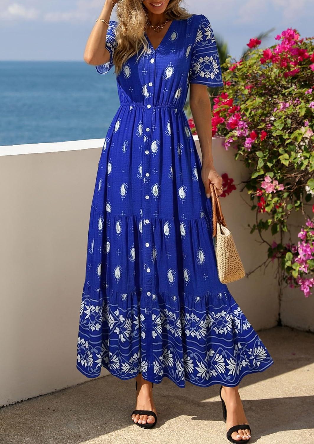 imagePRETTYGARDEN Womens Summer Boho Maxi Dress 2026 Trendy Short Sleeve V Neck Flowy Beach Floral Dresses with PocketsRoyal Blue
