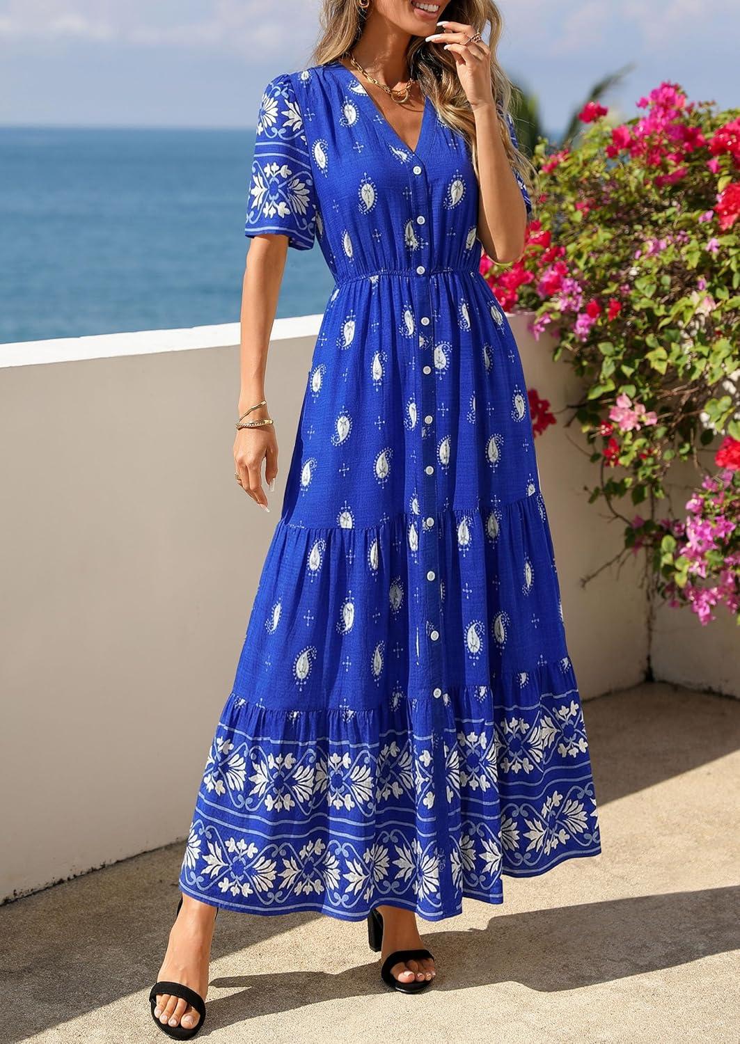imagePRETTYGARDEN Womens Summer Boho Maxi Dress 2026 Trendy Short Sleeve V Neck Flowy Beach Floral Dresses with PocketsRoyal Blue