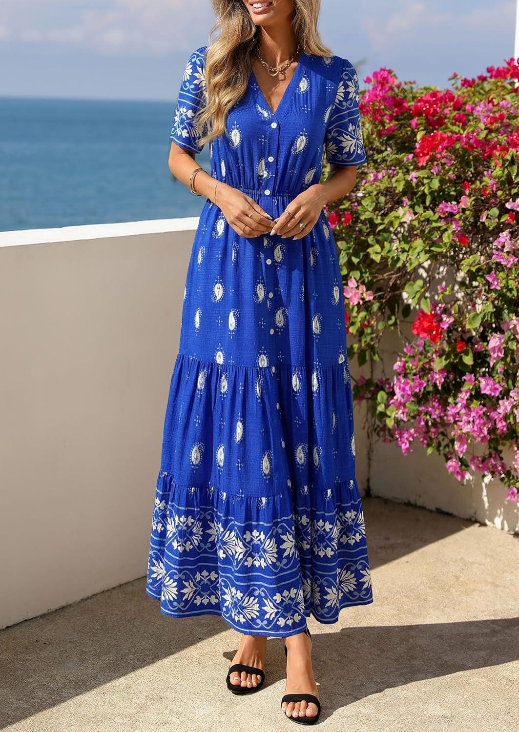 imagePRETTYGARDEN Womens Summer Boho Maxi Dress 2026 Trendy Short Sleeve V Neck Flowy Beach Floral Dresses with PocketsRoyal Blue