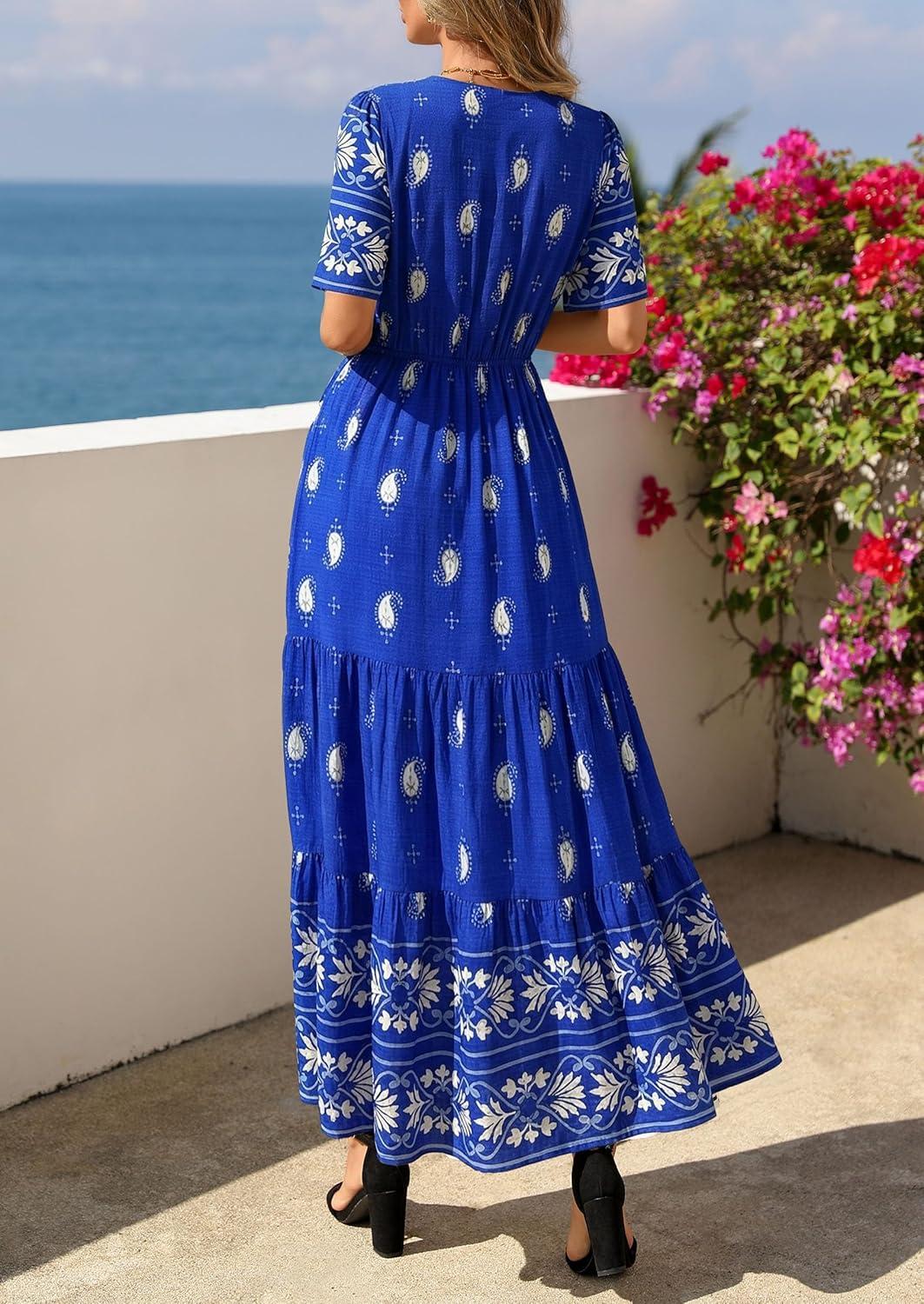 imagePRETTYGARDEN Womens Summer Boho Maxi Dress 2026 Trendy Short Sleeve V Neck Flowy Beach Floral Dresses with PocketsRoyal Blue