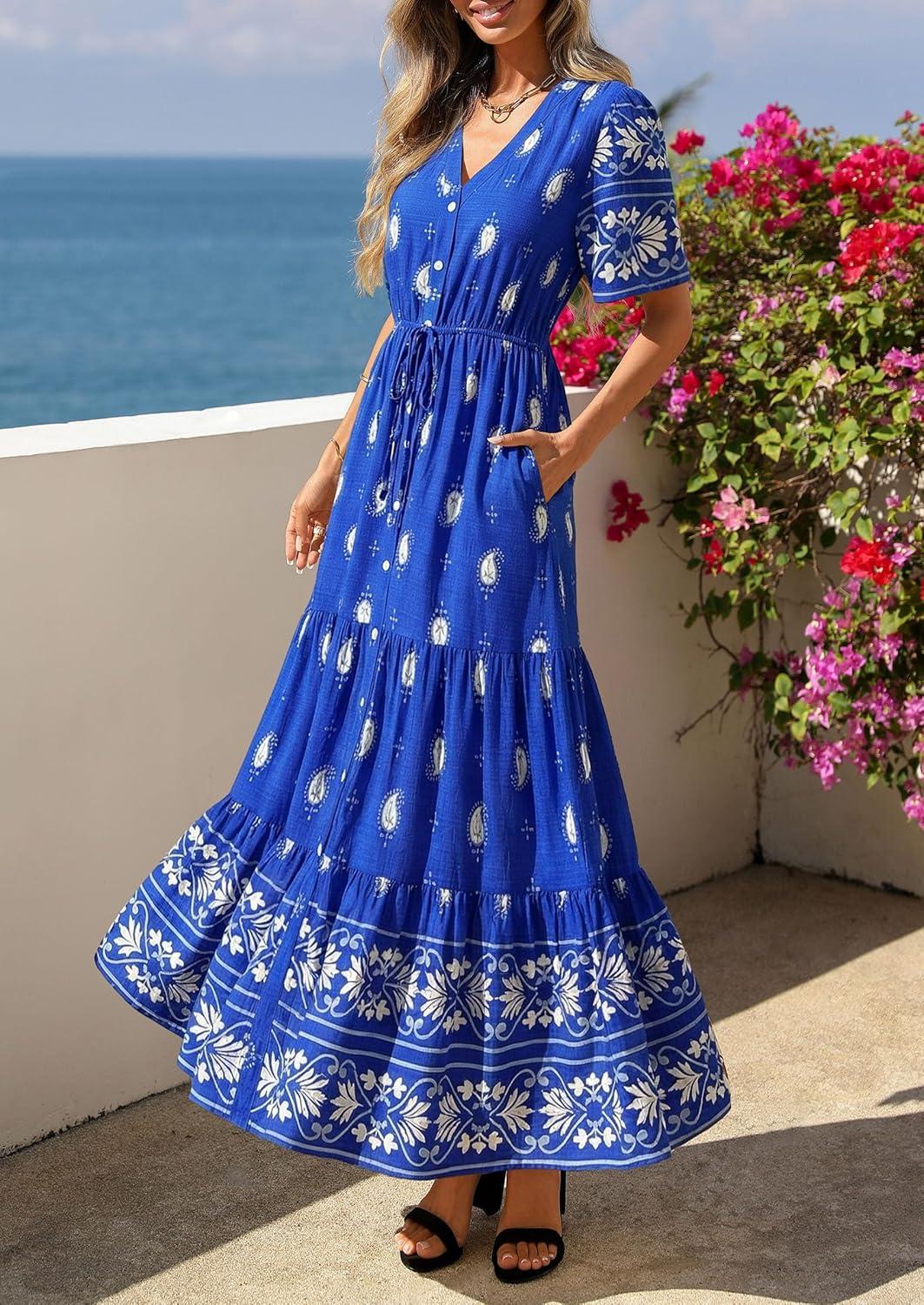 imagePRETTYGARDEN Womens Summer Boho Maxi Dress 2026 Trendy Short Sleeve V Neck Flowy Beach Floral Dresses with PocketsRoyal Blue