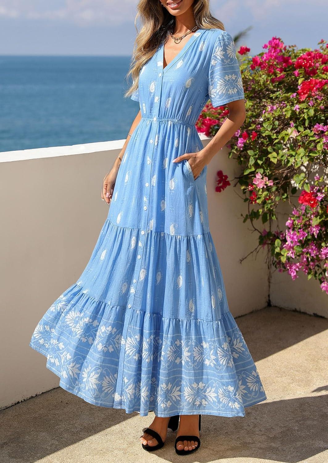 imagePRETTYGARDEN Womens Summer Boho Maxi Dress 2026 Trendy Short Sleeve V Neck Flowy Beach Floral Dresses with PocketsSky Blue