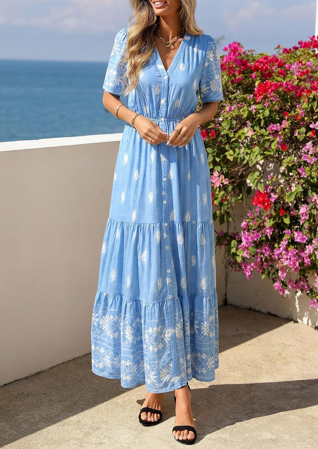 imagePRETTYGARDEN Womens Summer Boho Maxi Dress 2026 Trendy Short Sleeve V Neck Flowy Beach Floral Dresses with PocketsSky Blue