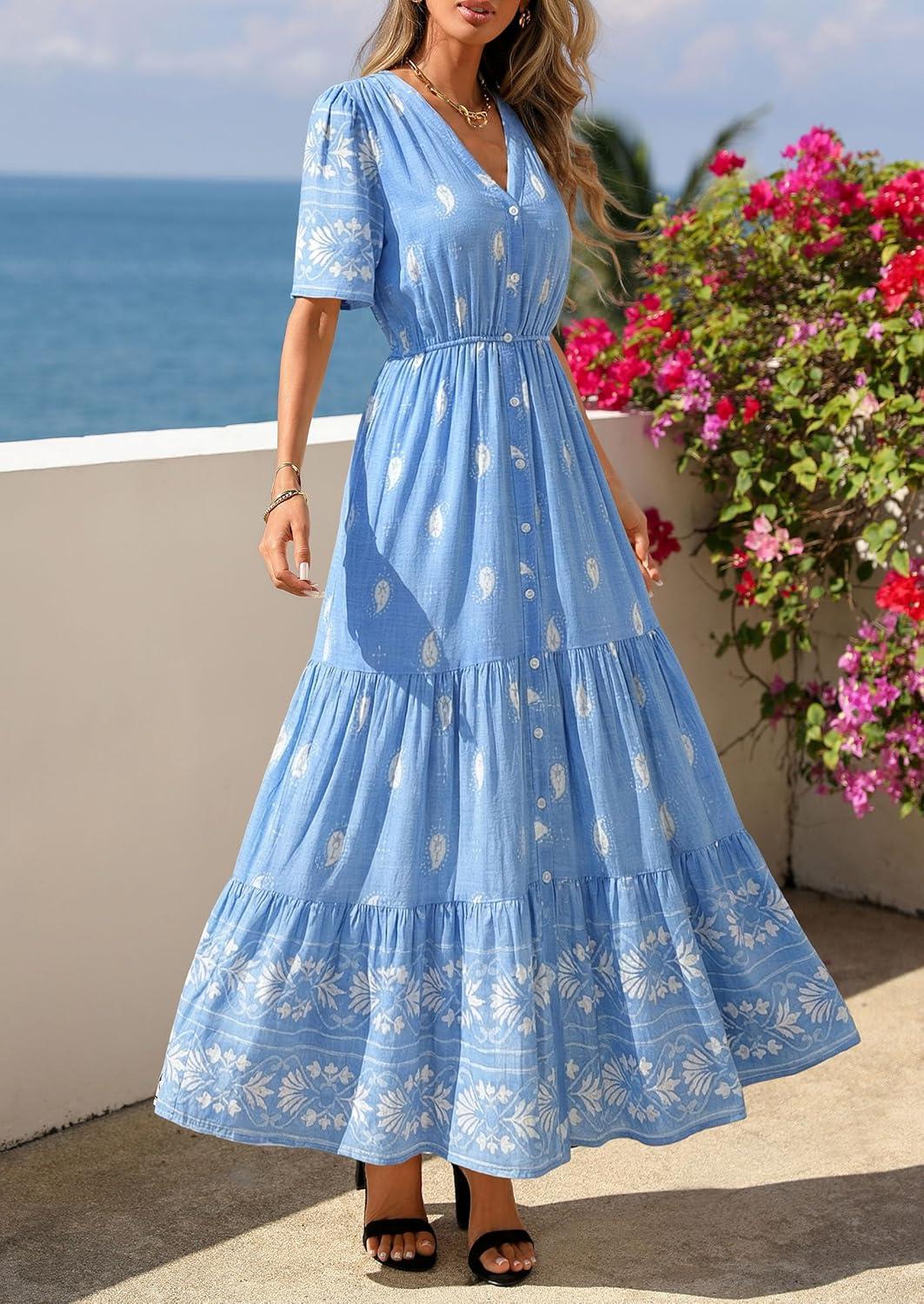 imagePRETTYGARDEN Womens Summer Boho Maxi Dress 2026 Trendy Short Sleeve V Neck Flowy Beach Floral Dresses with PocketsSky Blue