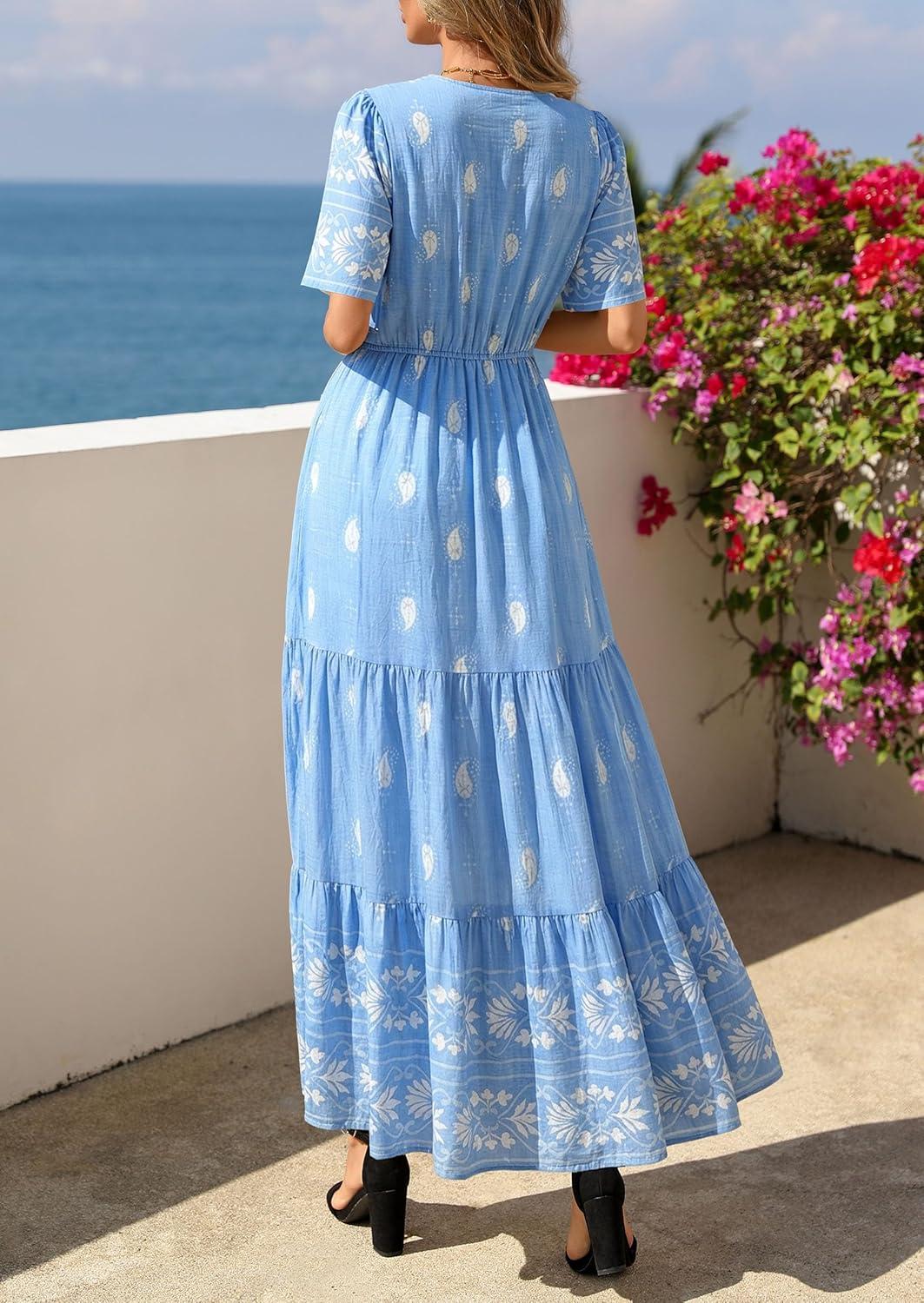 imagePRETTYGARDEN Womens Summer Boho Maxi Dress 2026 Trendy Short Sleeve V Neck Flowy Beach Floral Dresses with PocketsSky Blue