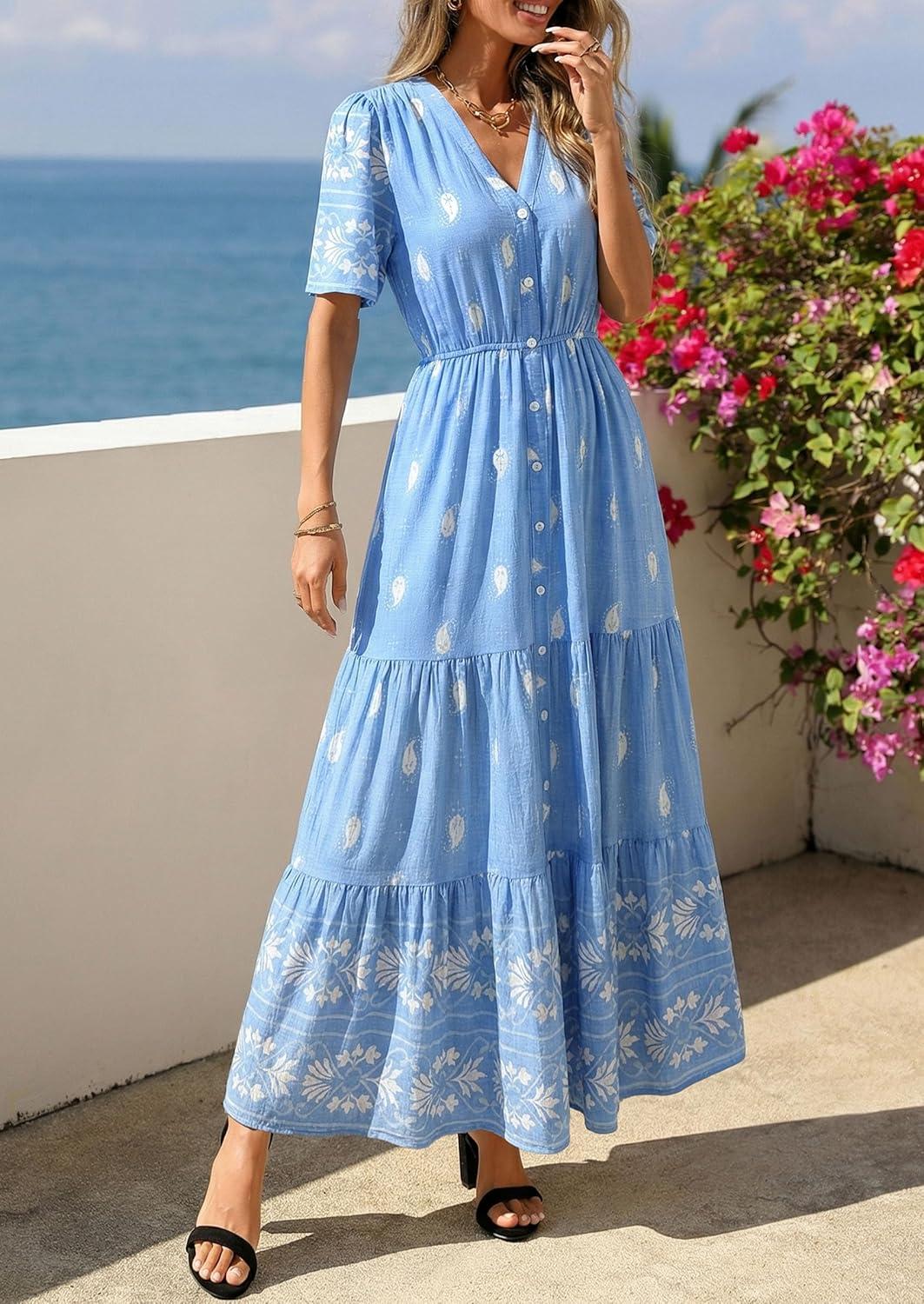 imagePRETTYGARDEN Womens Summer Boho Maxi Dress 2026 Trendy Short Sleeve V Neck Flowy Beach Floral Dresses with PocketsSky Blue