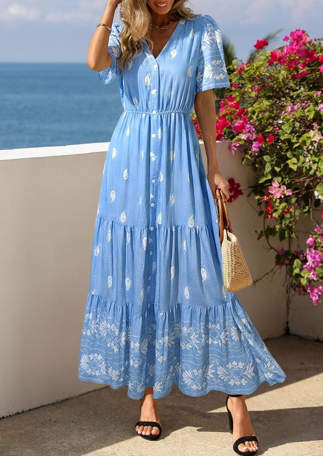imagePRETTYGARDEN Womens Summer Boho Maxi Dress 2026 Trendy Short Sleeve V Neck Flowy Beach Floral Dresses with PocketsSky Blue