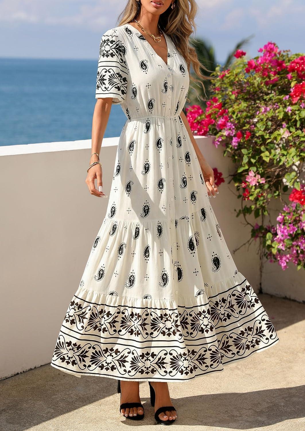 imagePRETTYGARDEN Womens Summer Boho Maxi Dress 2026 Trendy Short Sleeve V Neck Flowy Beach Floral Dresses with PocketsWhite Black Flower