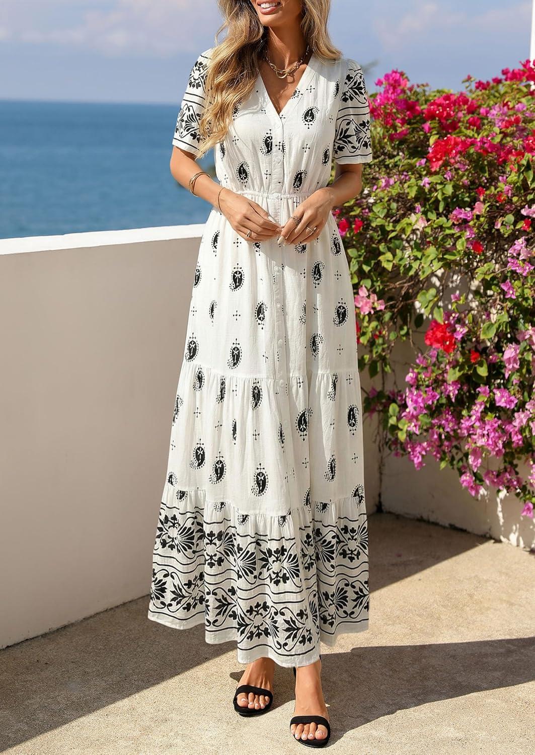imagePRETTYGARDEN Womens Summer Boho Maxi Dress 2026 Trendy Short Sleeve V Neck Flowy Beach Floral Dresses with PocketsWhite Black Flower